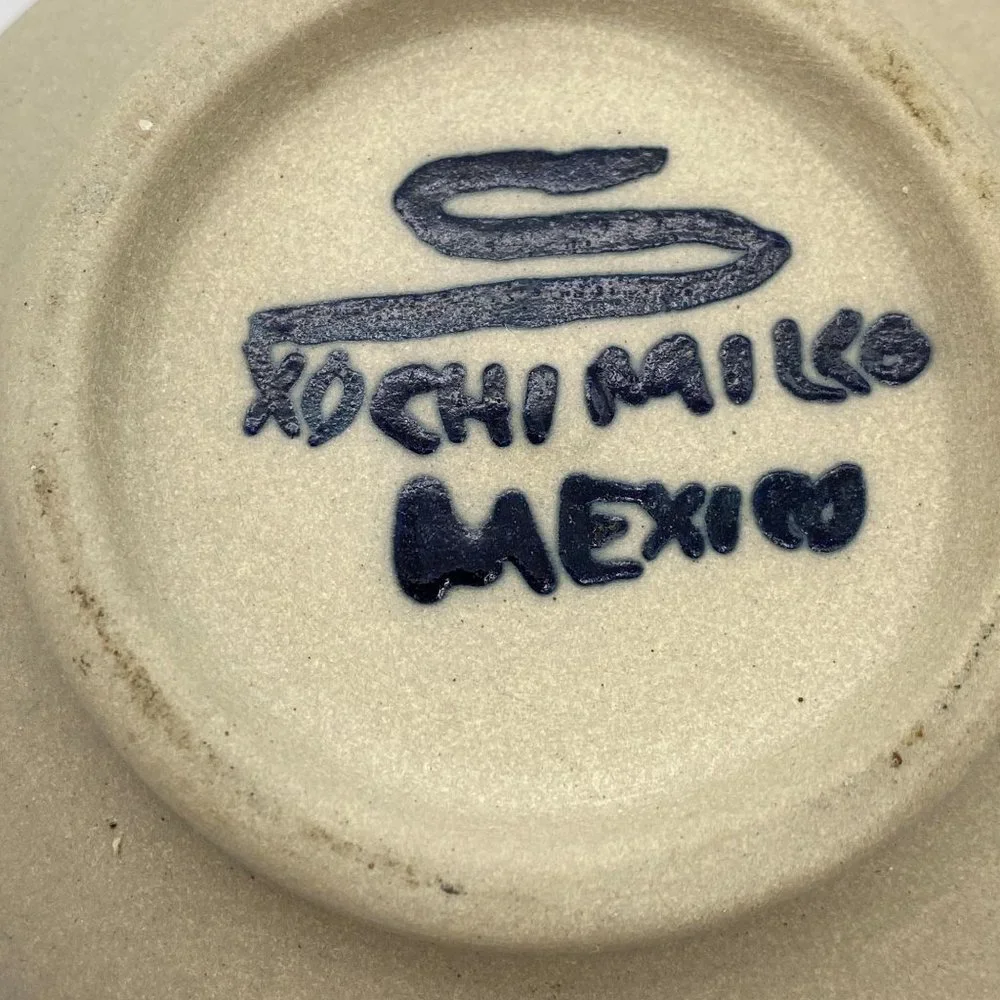 Mexican pottery lidded jar bowl blue Floral print Xochimilco hand painted signed